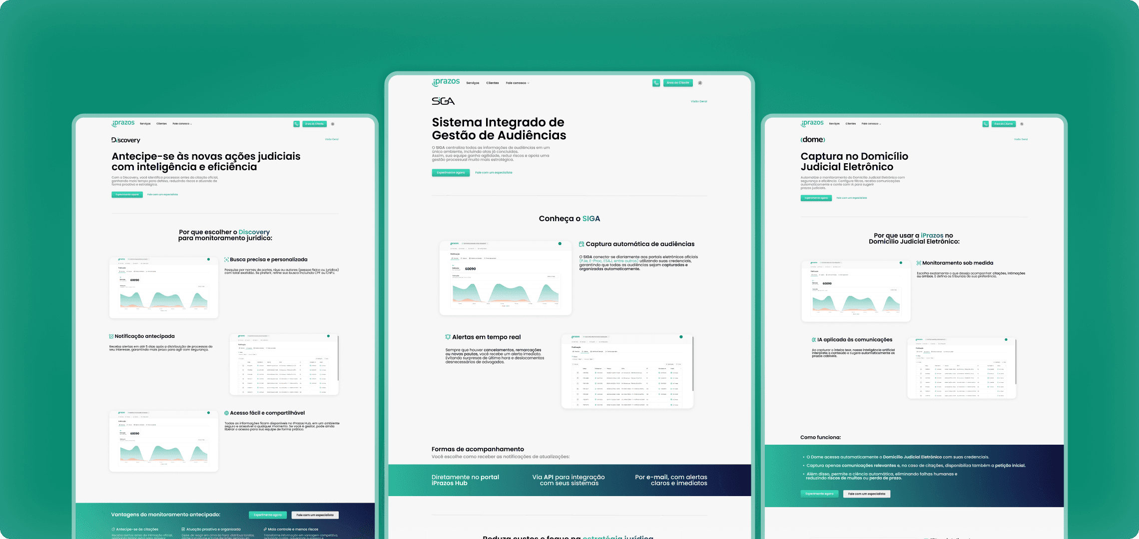 Landing pages dos produtos Discovery, SIGA e Dome com identidade unificada