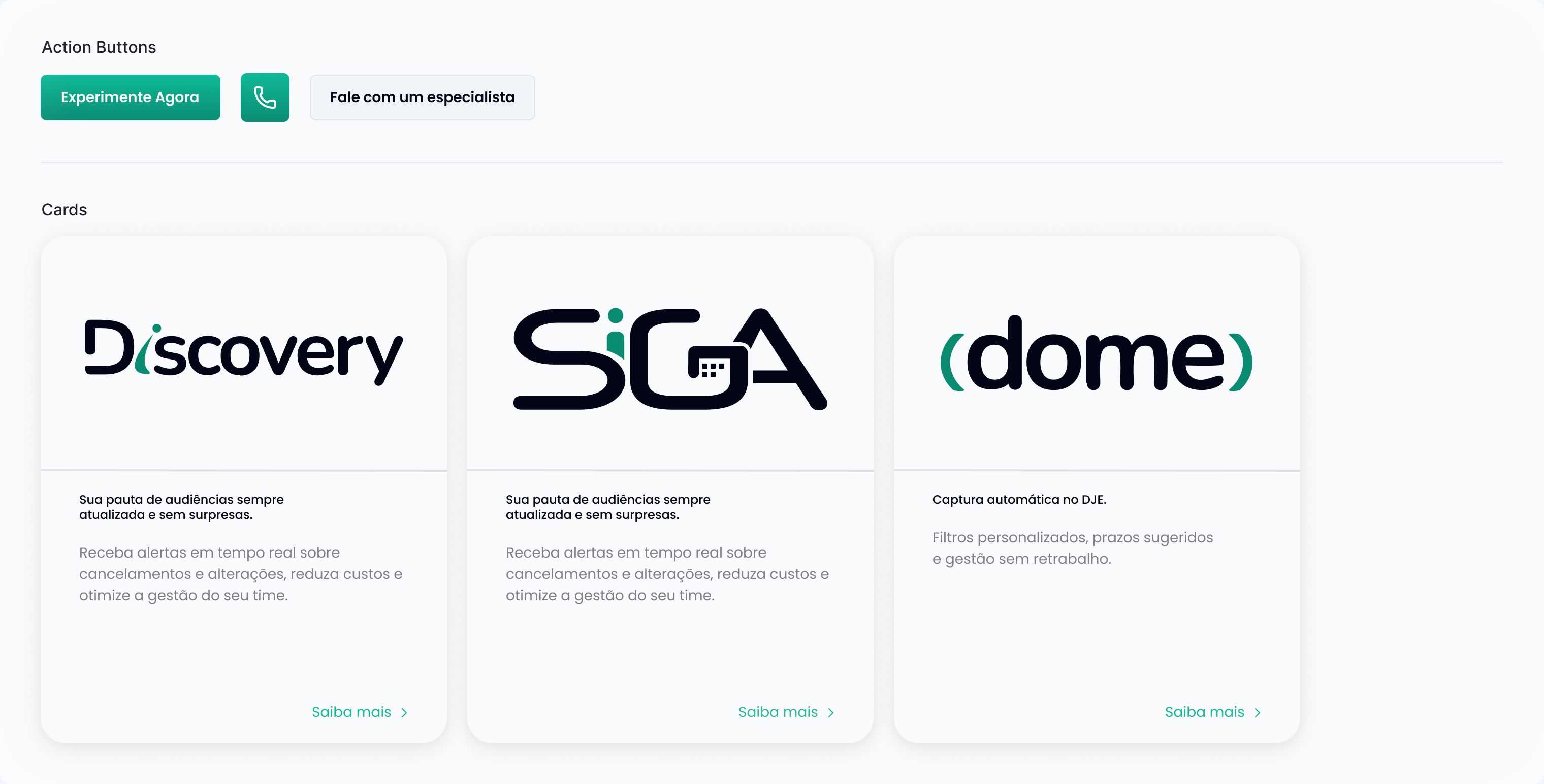 Componentes do Design System iPrazos — Action Buttons e Cards de produto