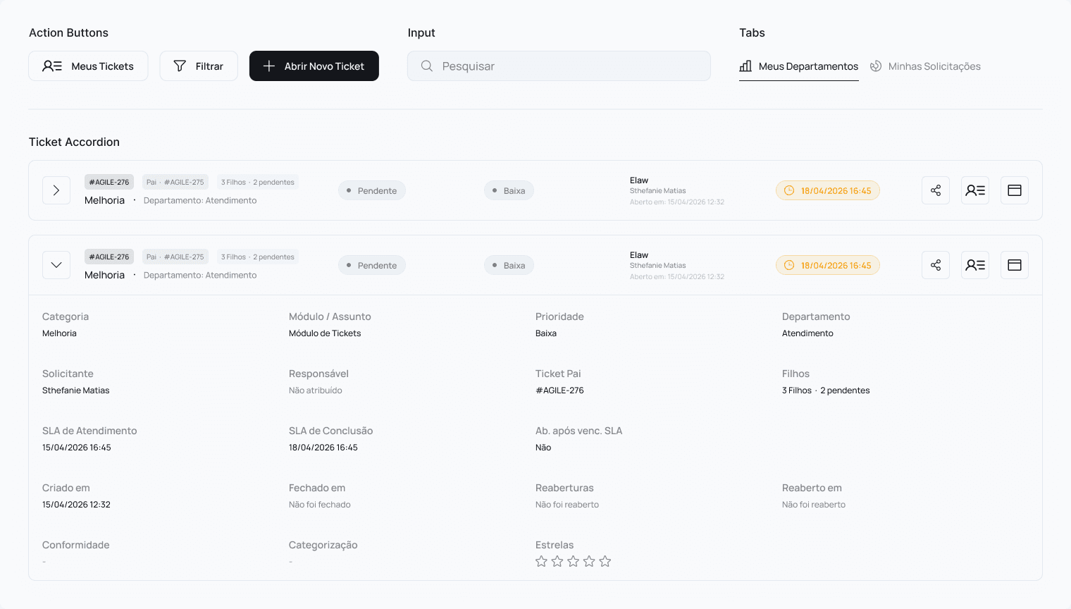 Componentes do Design System Agile — Action Buttons, Input, Tabs e Ticket Accordion